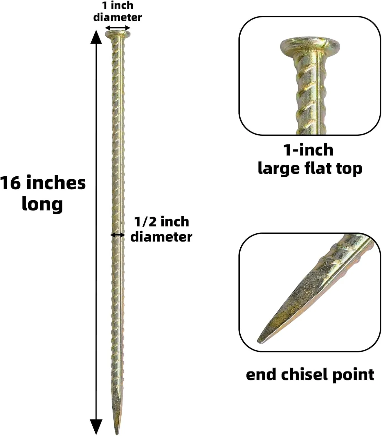 16 Inch Rebar Stakes - 1/2 Inch Diameter Galvanized Steel Ground Anchors Hevy Duty Garden Stake Metal Camping Tent Stakes with Point End for Speed Bump, Hard Soil, Fence, Etc (10)