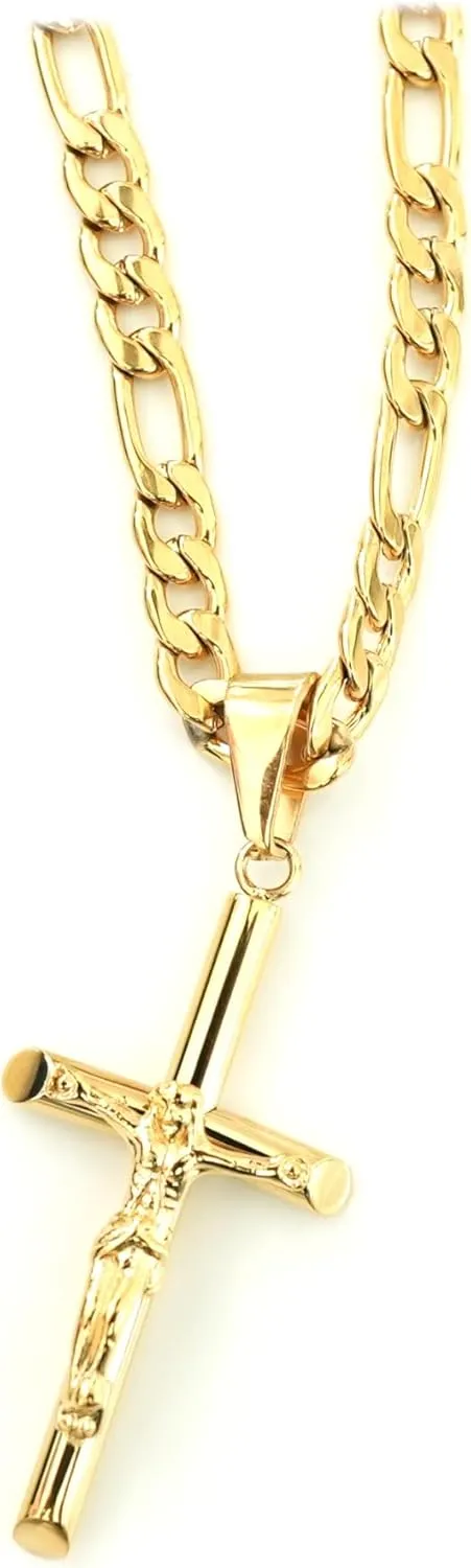 24K Gold Cross Crucifix Necklace Pendant Charm with 5MM Figaro Chain Gift for Men Women Jesus Crucifix Baptism Religious Gift