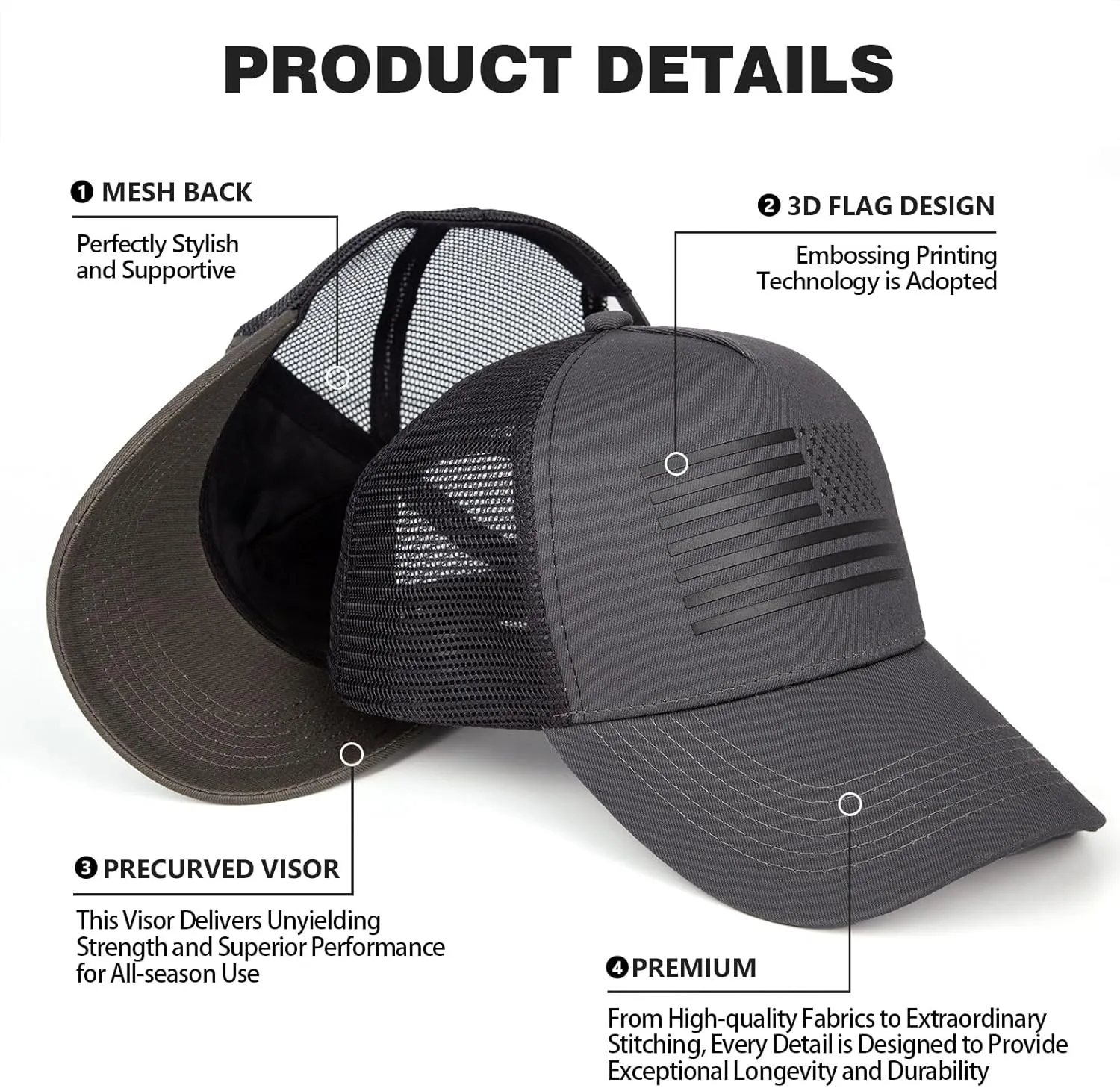 2pcs American Flag Trucker Hat for Men Women,Baseball Cap Adjustable Snapback Hats,3D Embossed Logo