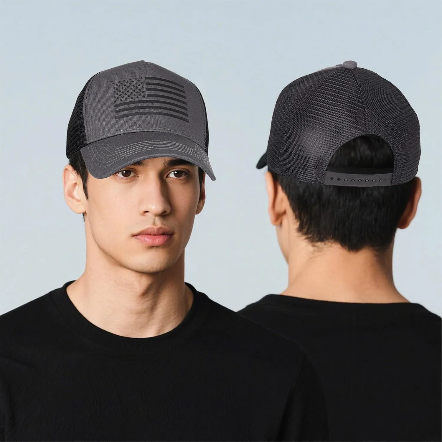 2pcs American Flag Trucker Hat for Men Women,Baseball Cap Adjustable Snapback Hats,3D Embossed Logo