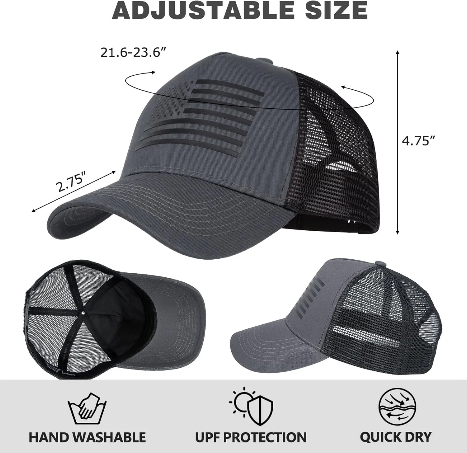 2pcs American Flag Trucker Hat for Men Women,Baseball Cap Adjustable Snapback Hats,3D Embossed Logo