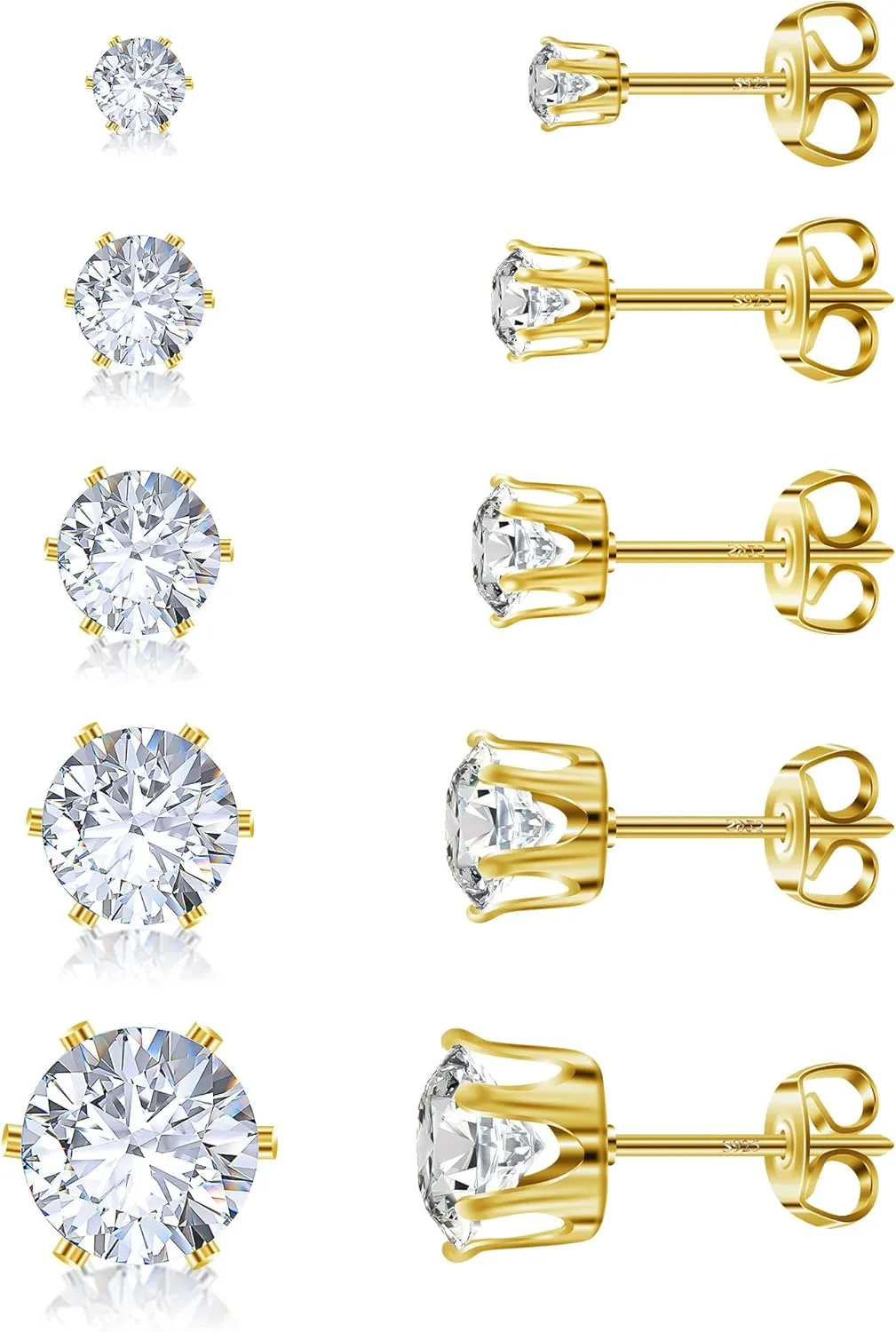 925 Sterling Silver Stud Earrings Set of 5 Pairs Hypoallergenic 18K Gold Cubic Zirconia Earrings for Women Men Sparkling Fancy Gift
