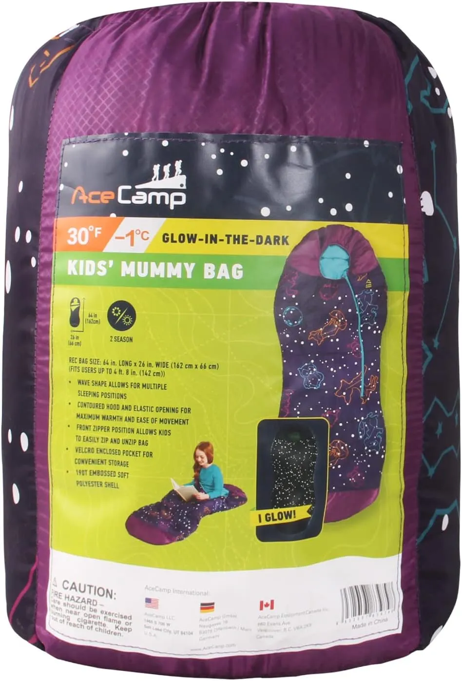 AceCamp Glow in The Dark Mummy Sleeping Bag for Kids and Youth, Temperature Rating 30F/-1C, Water-Resistant for Camping, Hiking, and Slumber Party