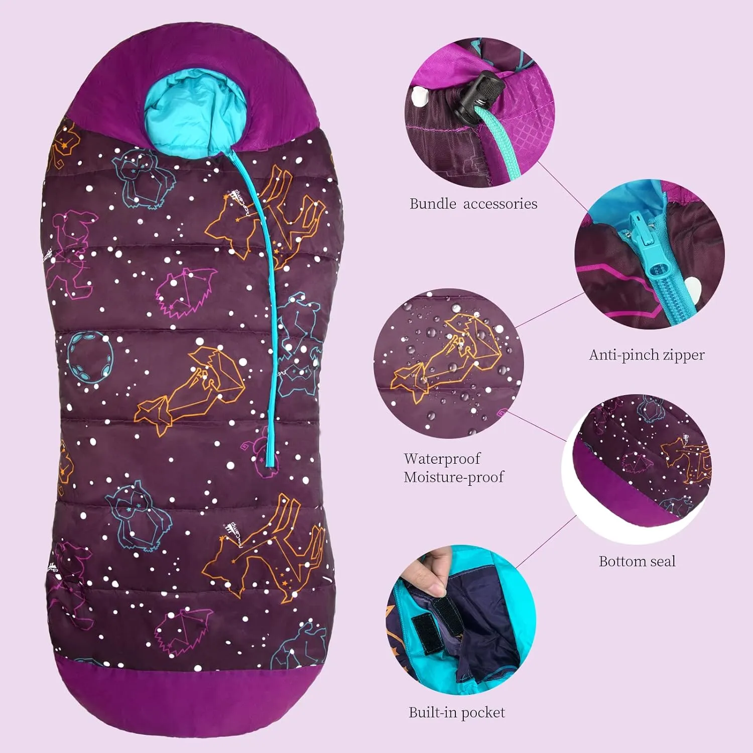AceCamp Glow in The Dark Mummy Sleeping Bag for Kids and Youth, Temperature Rating 30F/-1C, Water-Resistant for Camping, Hiking, and Slumber Party