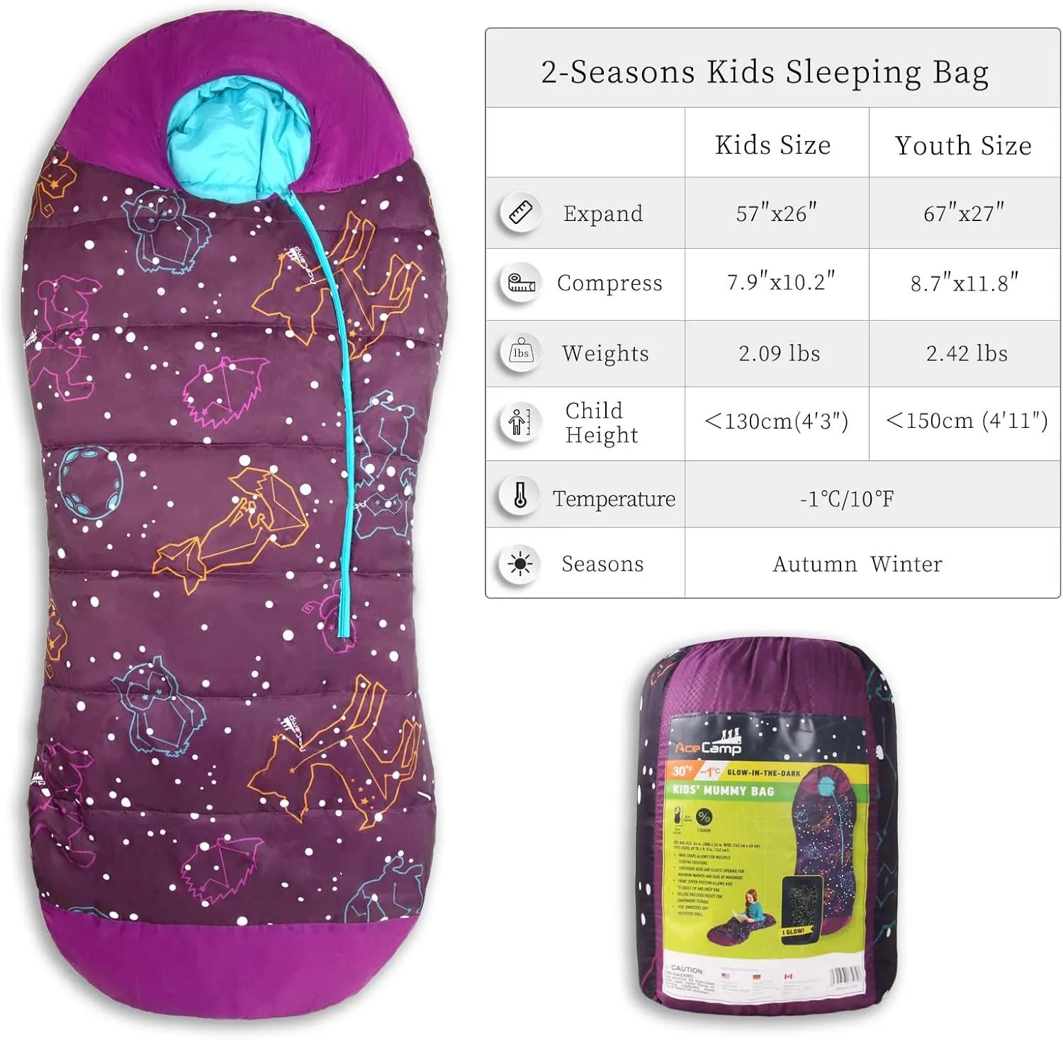 AceCamp Glow in The Dark Mummy Sleeping Bag for Kids and Youth, Temperature Rating 30F/-1C, Water-Resistant for Camping, Hiking, and Slumber Party