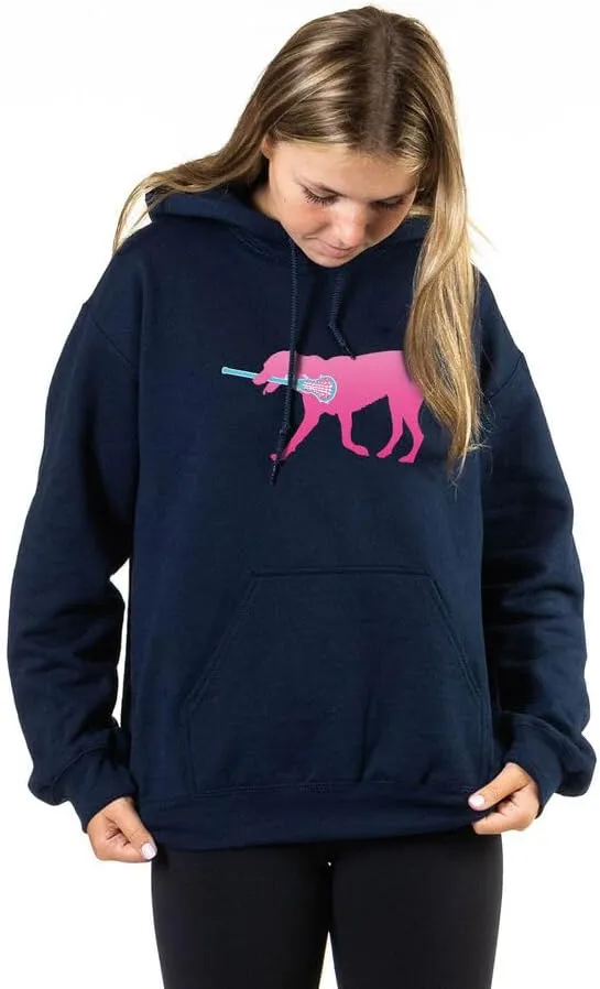 ChalkTalkSPORTS Girls Lacrosse Hooded Sweatshirt | LuLa The Lax Dog Pink Adults Sizes