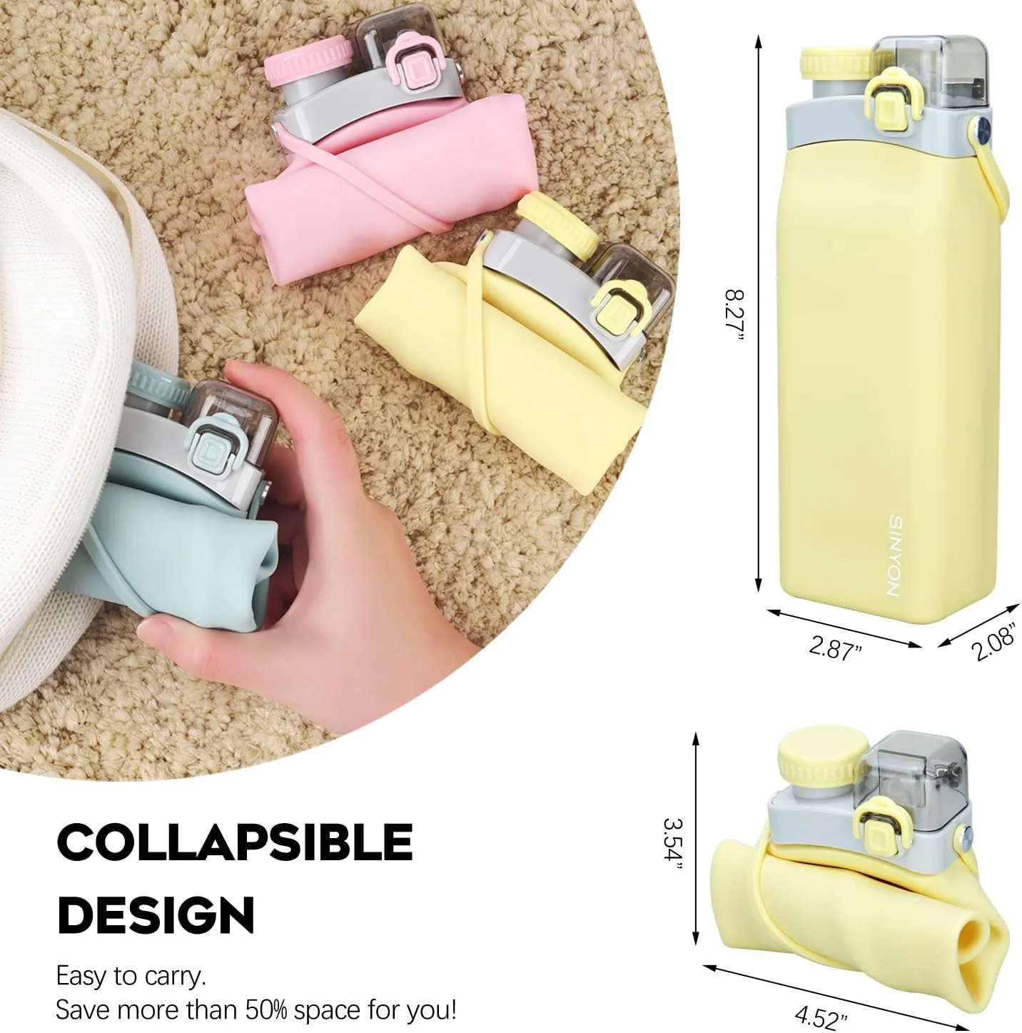 Collapsible Water Bottles, 20oz Silicone Reusable Water Bottle with Straw and Strap, Leakproof Foldable Sports Water Bottle for Travel Camping Running Hiking Gym, BPA Free