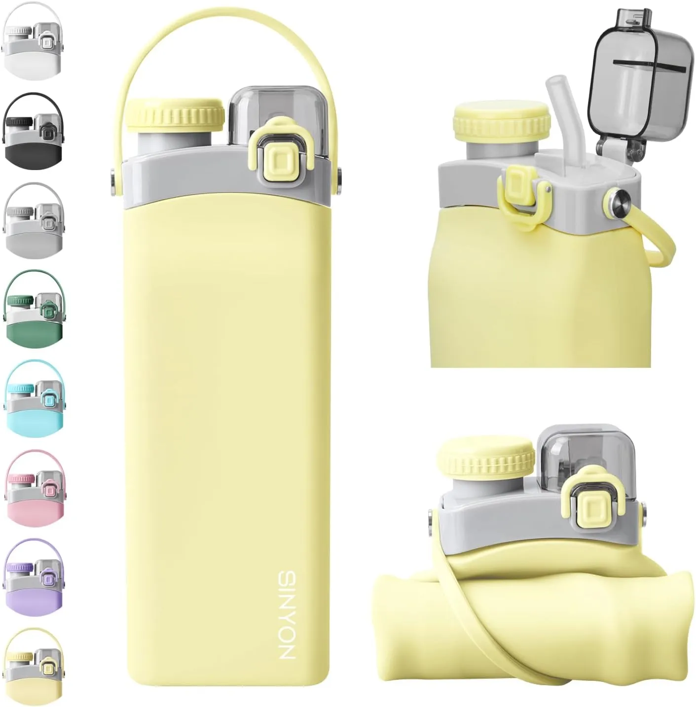 Collapsible Water Bottles, 20oz Silicone Reusable Water Bottle with Straw and Strap, Leakproof Foldable Sports Water Bottle for Travel Camping Running Hiking Gym, BPA Free