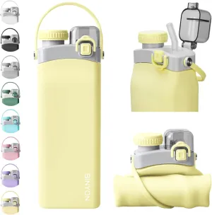 Collapsible Water Bottles, 20oz Silicone Reusable Water Bottle with Straw and Strap, Leakproof Foldable Sports Water Bottle for Travel Camping Running Hiking Gym, BPA Free