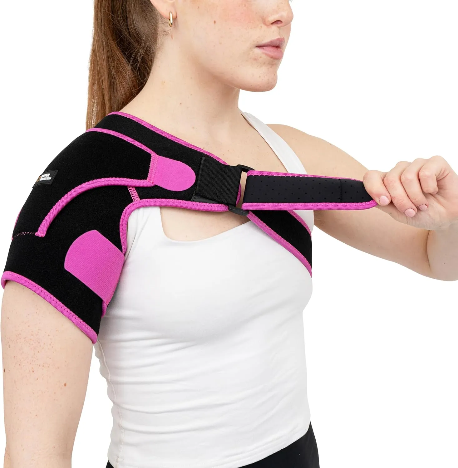 Copper Compression Recovery Shoulder Brace - Immobilizer for Torn Rotator Cuff, AC Joint Pain Relief, Dislocation, Arm Stability, Injuries, Tears - Adjustable Fits Men, Women - Black/Pink - Plus Size L/XL