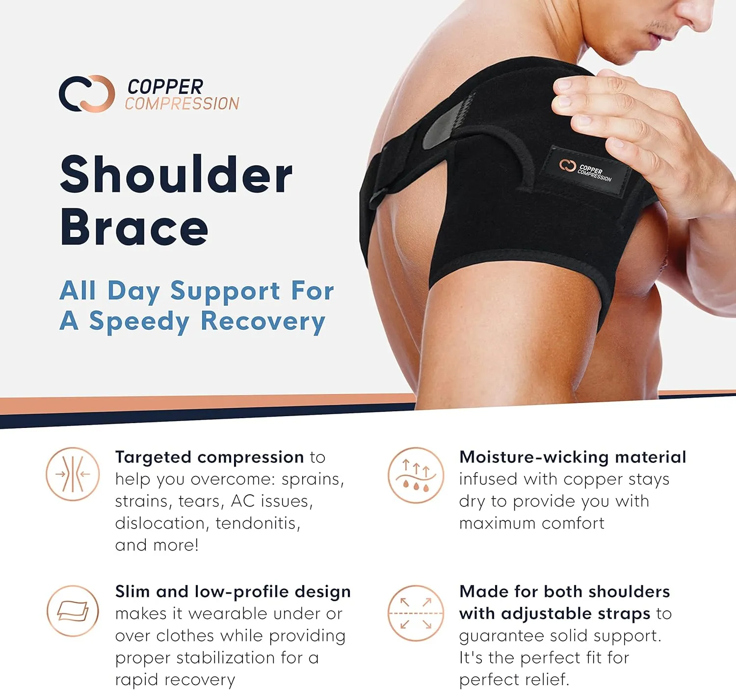 Copper Compression Recovery Shoulder Brace - Immobilizer for Torn Rotator Cuff, AC Joint Pain Relief, Dislocation, Arm Stability, Injuries, Tears - Adjustable Fits Men, Women - Black/Pink - Plus Size L/XL