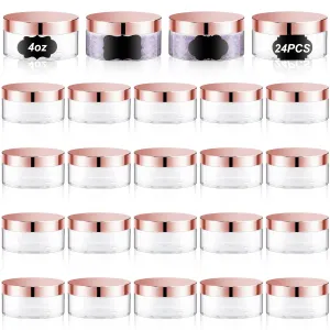 Dandat 24 Pcs 4 oz Plastic Jars with Lid and Label PET Cosmetic Containers Leak Proof Empty Cosmetic Jars Refillable Storage Travel Containers for Lotion Cream Gel Powder(Clear with Rose Gold Lids)