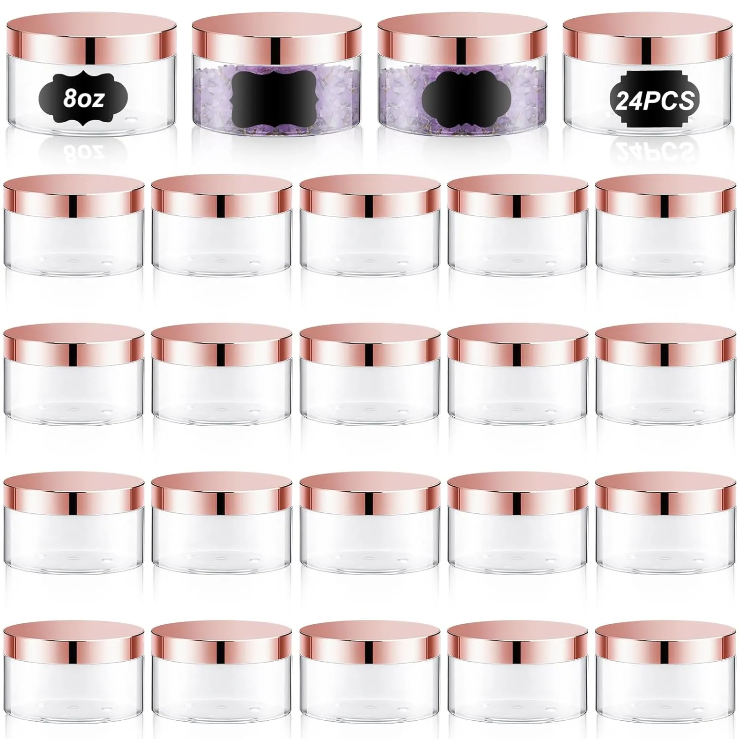 Dandat 24 Pcs 8 oz Plastic Jars with Lid and Label PET Cosmetic Containers Leak Proof Empty Cosmetic Jars Refillable Storage Travel Containers for Lotion Cream Gel Powder(Clear with Rose Gold Lid)