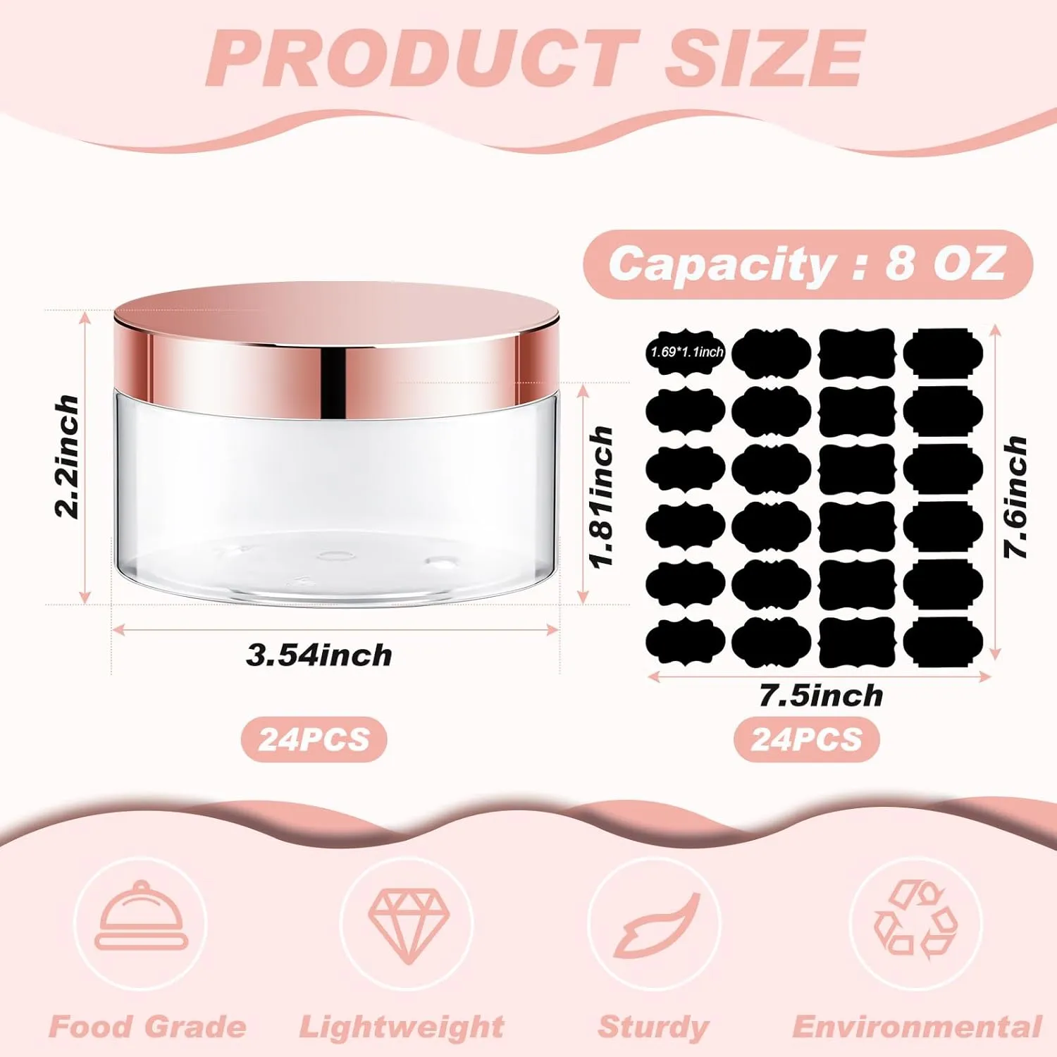 Dandat 24 Pcs 8 oz Plastic Jars with Lid and Label PET Cosmetic Containers Leak Proof Empty Cosmetic Jars Refillable Storage Travel Containers for Lotion Cream Gel Powder(Clear with Rose Gold Lid)