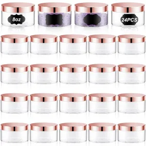 Dandat 24 Pcs 8 oz Plastic Jars with Lid and Label PET Cosmetic Containers Leak Proof Empty Cosmetic Jars Refillable Storage Travel Containers for Lotion Cream Gel Powder(Clear with Rose Gold Lid)