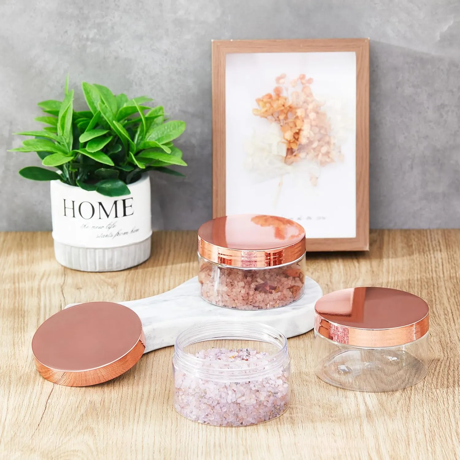 Dandat 24 Pcs 8 oz Plastic Jars with Lid and Label PET Cosmetic Containers Leak Proof Empty Cosmetic Jars Refillable Storage Travel Containers for Lotion Cream Gel Powder(Clear with Rose Gold Lid)