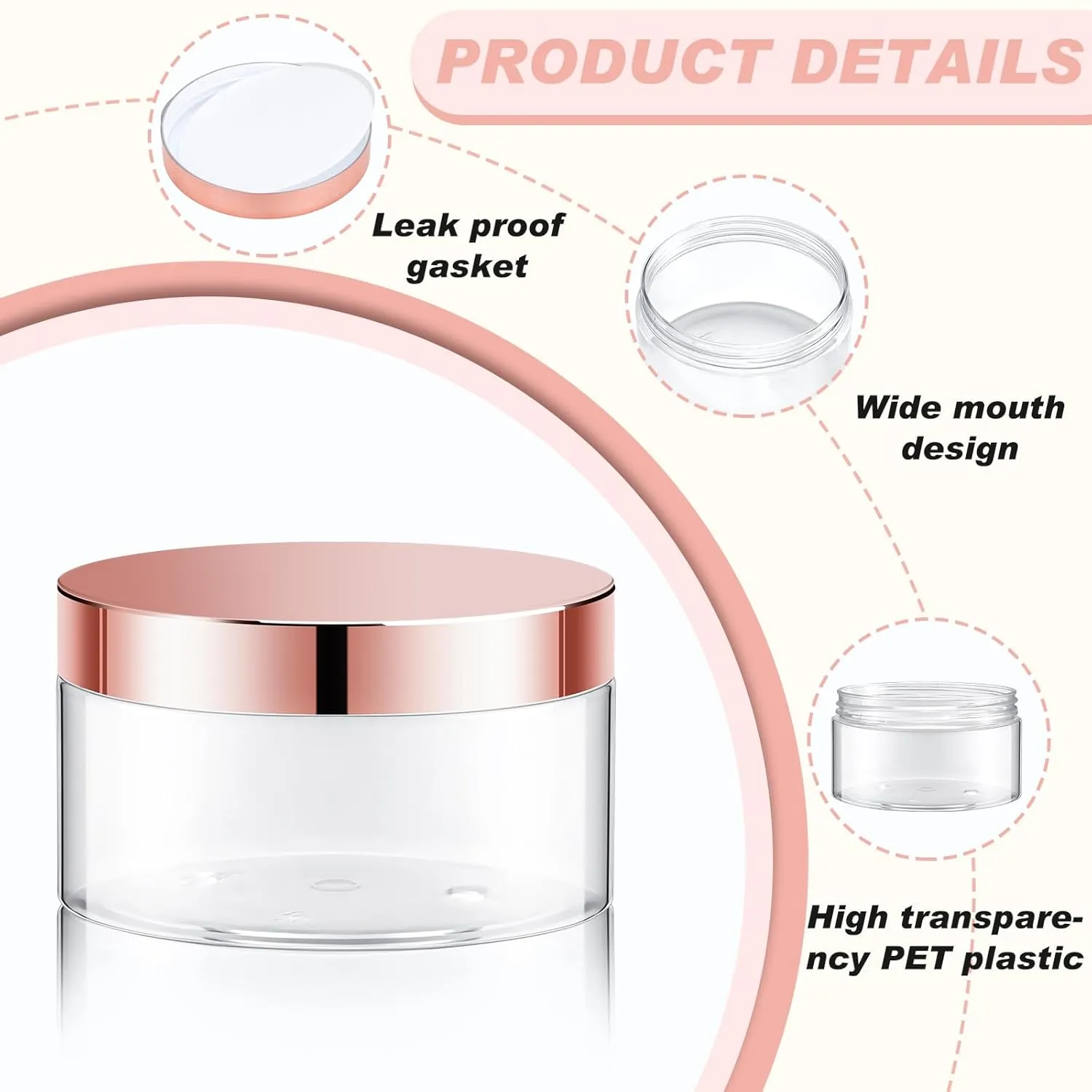 Dandat 24 Pcs 8 oz Plastic Jars with Lid and Label PET Cosmetic Containers Leak Proof Empty Cosmetic Jars Refillable Storage Travel Containers for Lotion Cream Gel Powder(Clear with Rose Gold Lid)