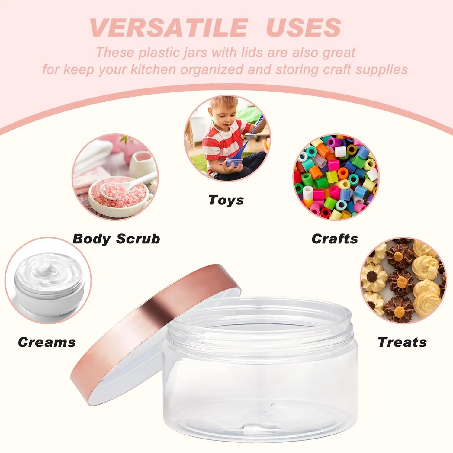 Dandat 24 Pcs 8 oz Plastic Jars with Lid and Label PET Cosmetic Containers Leak Proof Empty Cosmetic Jars Refillable Storage Travel Containers for Lotion Cream Gel Powder(Clear with Rose Gold Lid)