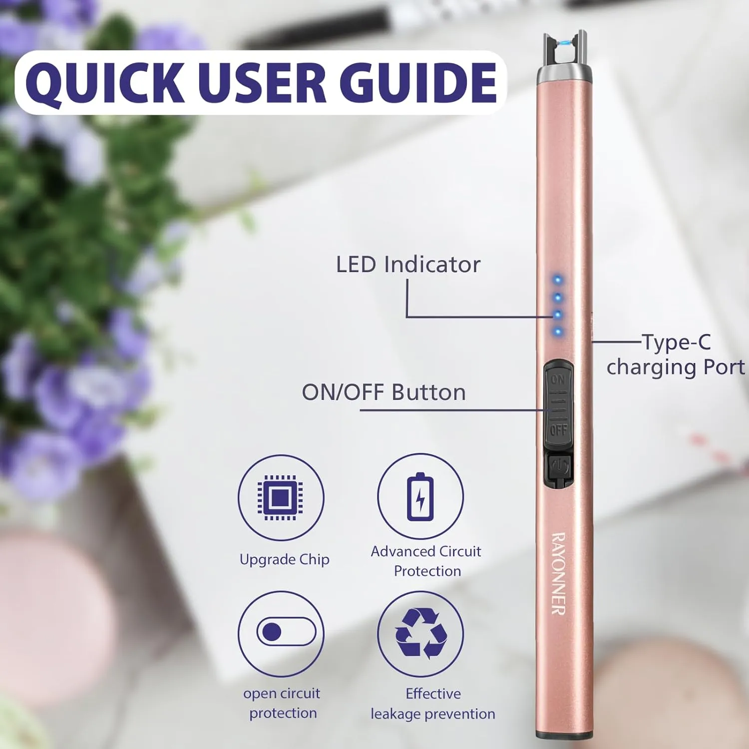Electric Candle Lighter, Windproof Flameless USB Rechargeable Plasma Arc Lighter for Grill Firework Kitchen Camping (2 Pack - Blue&Rose Gold)