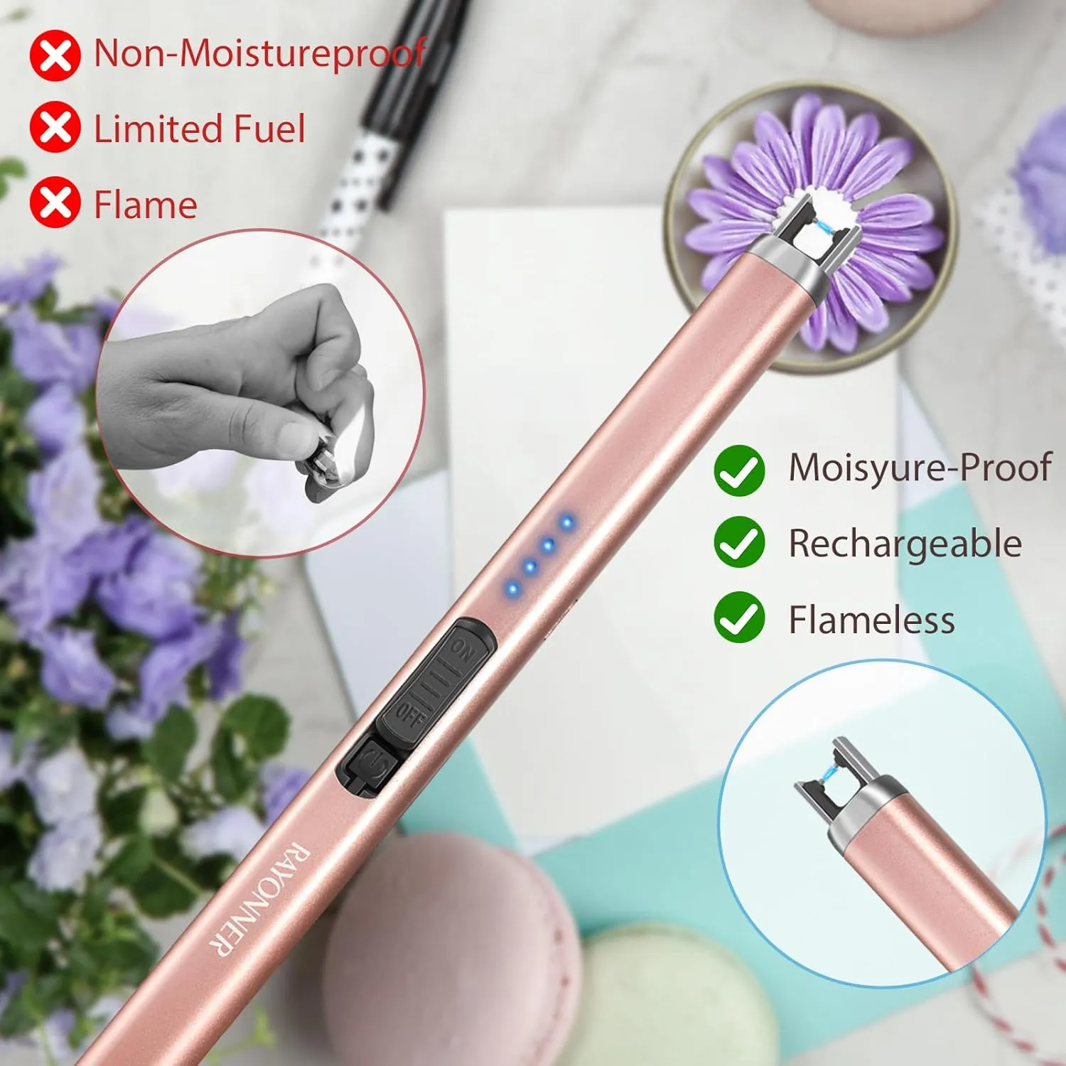 Electric Candle Lighter, Windproof Flameless USB Rechargeable Plasma Arc Lighter for Grill Firework Kitchen Camping (2 Pack - Blue&Rose Gold)