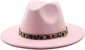 European and American Woolen Hat, Leopard Print Hat for Men and Women, Flat Brim Big Brim Jazz Felt Hat Fengyan Cowboy Hats (Color : Rose Red, Size : 56-58cm)