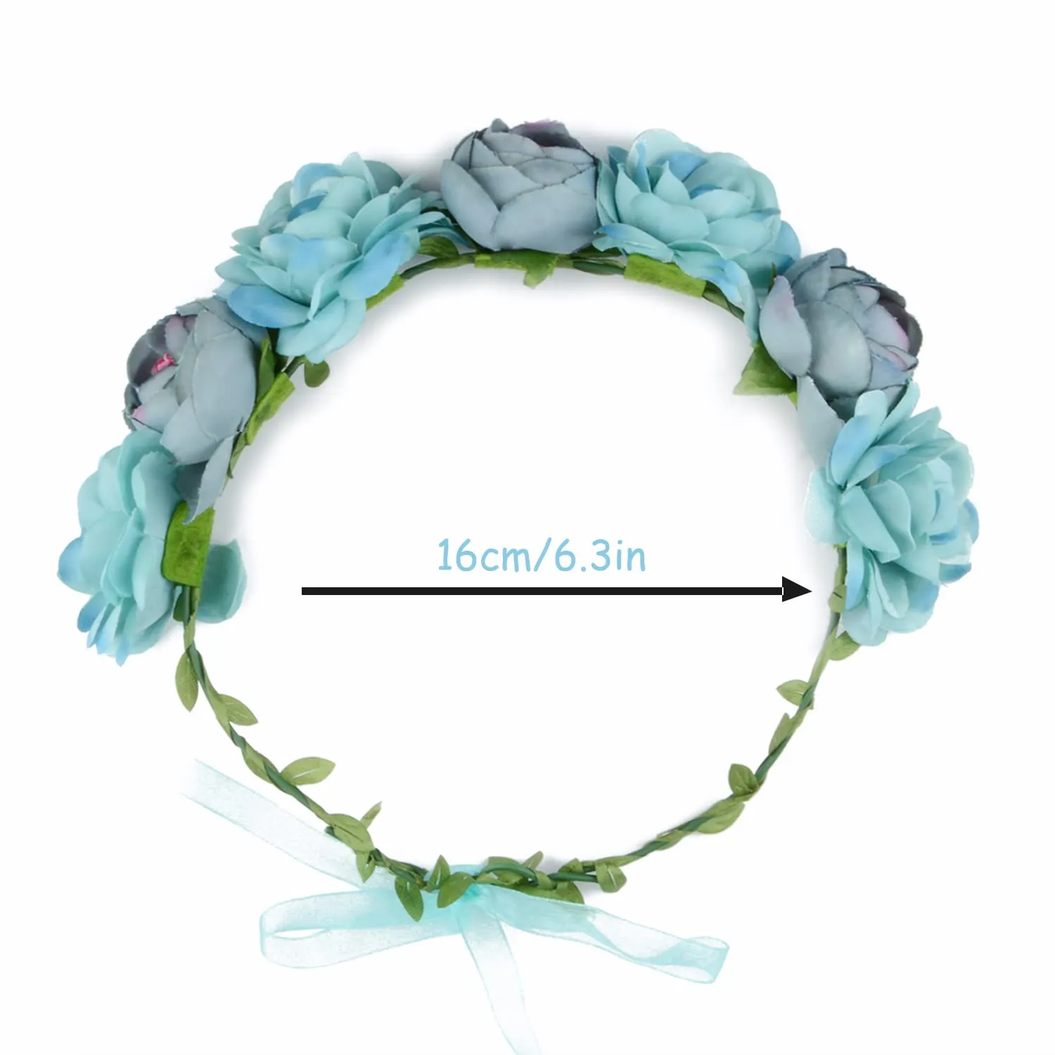 Flower Crown Rose Peony Garland Headband Hair Wreath Floral Headpiece with Adjustable Ribbon Wedding Festival Party (blue)