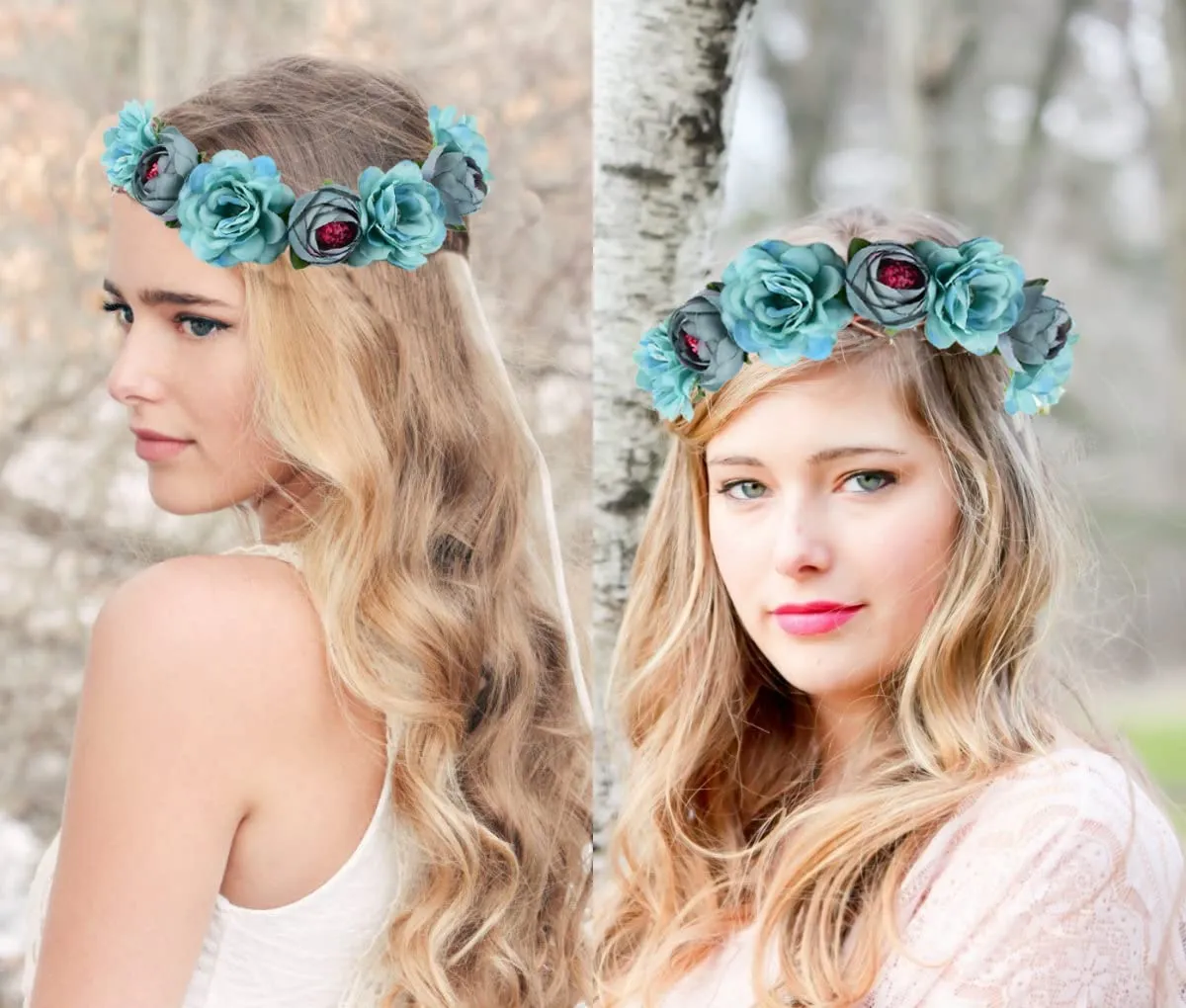 Flower Crown Rose Peony Garland Headband Hair Wreath Floral Headpiece with Adjustable Ribbon Wedding Festival Party (blue)