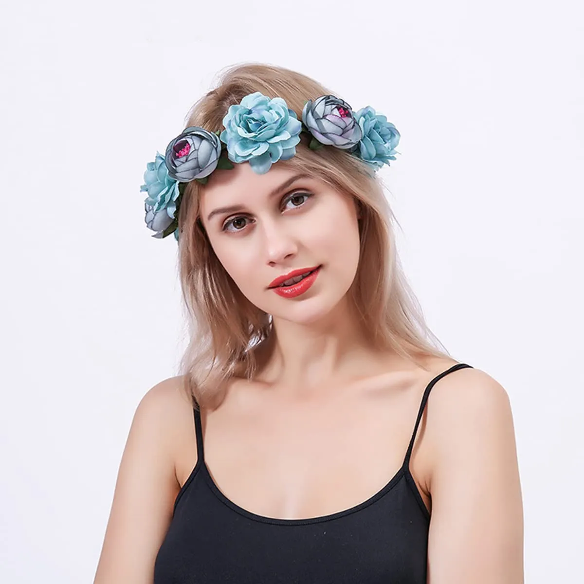 Flower Crown Rose Peony Garland Headband Hair Wreath Floral Headpiece with Adjustable Ribbon Wedding Festival Party (blue)