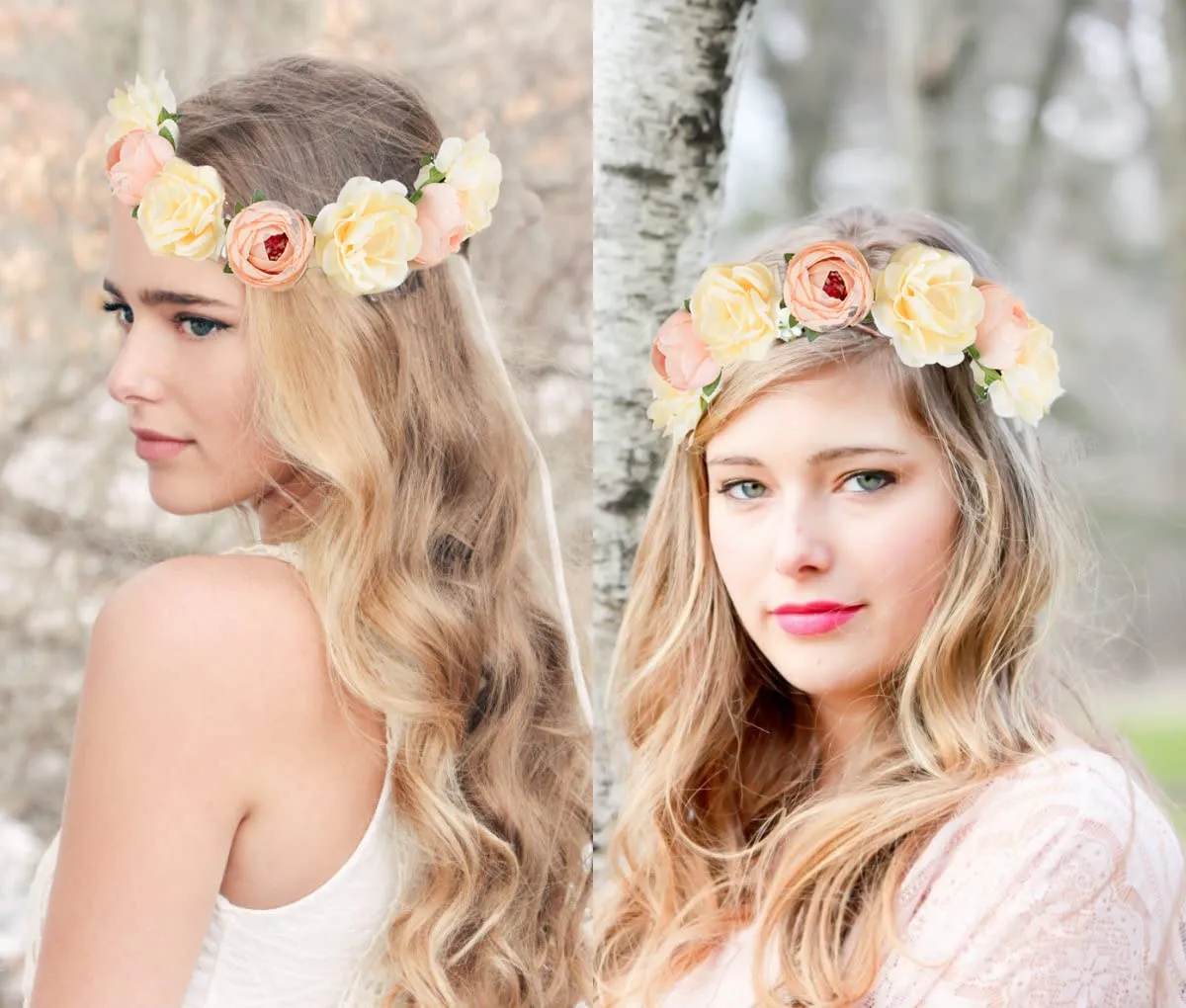 Flower Crown Rose Peony Garland Headband Hair Wreath Floral Headpiece with Adjustable Ribbon Wedding Festival Party (champagne)