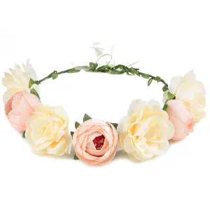 Flower Crown Rose Peony Garland Headband Hair Wreath Floral Headpiece with Adjustable Ribbon Wedding Festival Party (champagne)