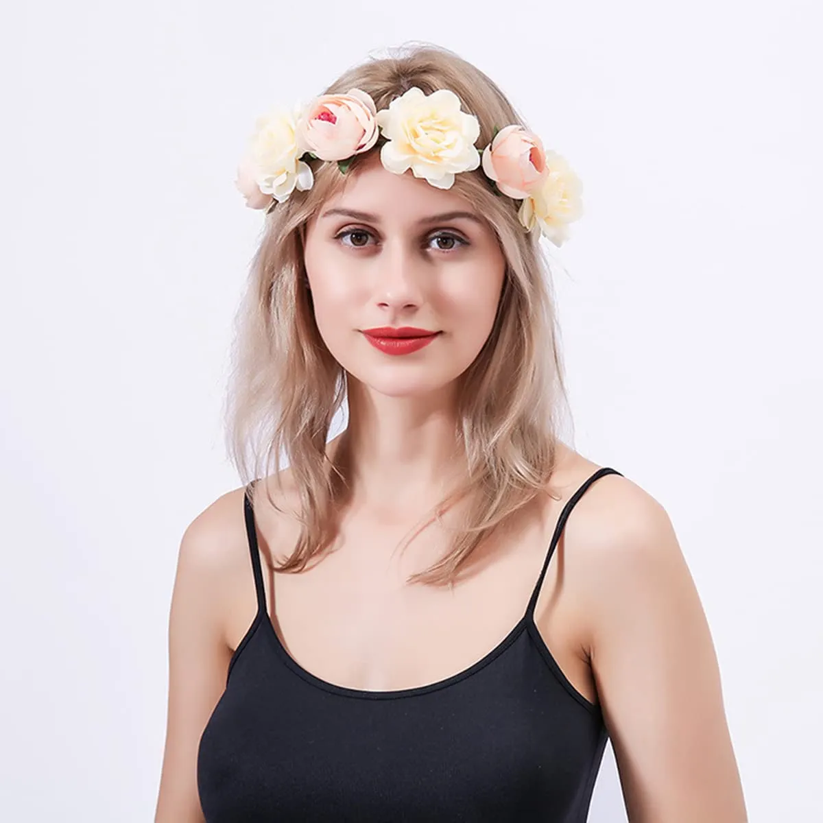 Flower Crown Rose Peony Garland Headband Hair Wreath Floral Headpiece with Adjustable Ribbon Wedding Festival Party (champagne)