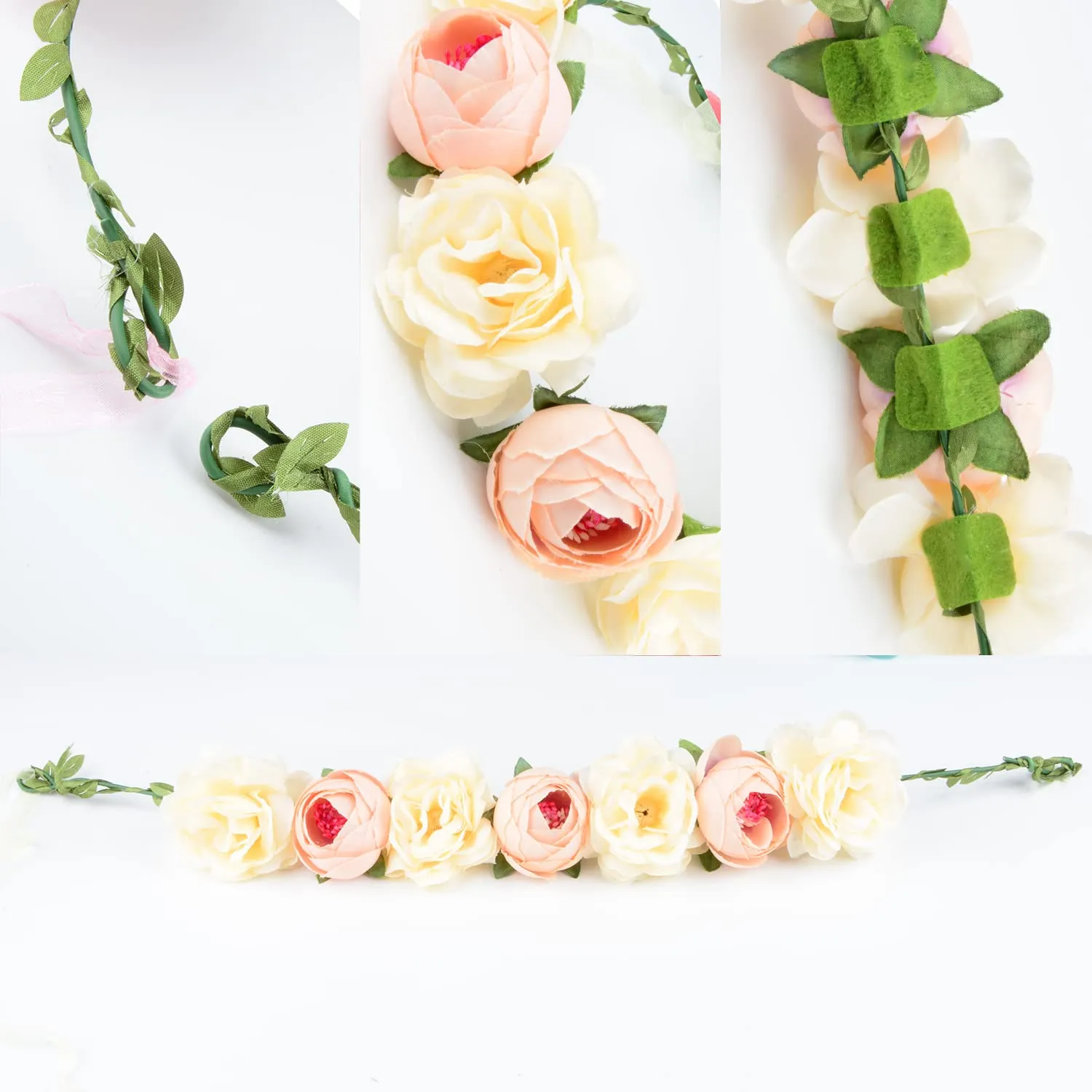 Flower Crown Rose Peony Garland Headband Hair Wreath Floral Headpiece with Adjustable Ribbon Wedding Festival Party (champagne)
