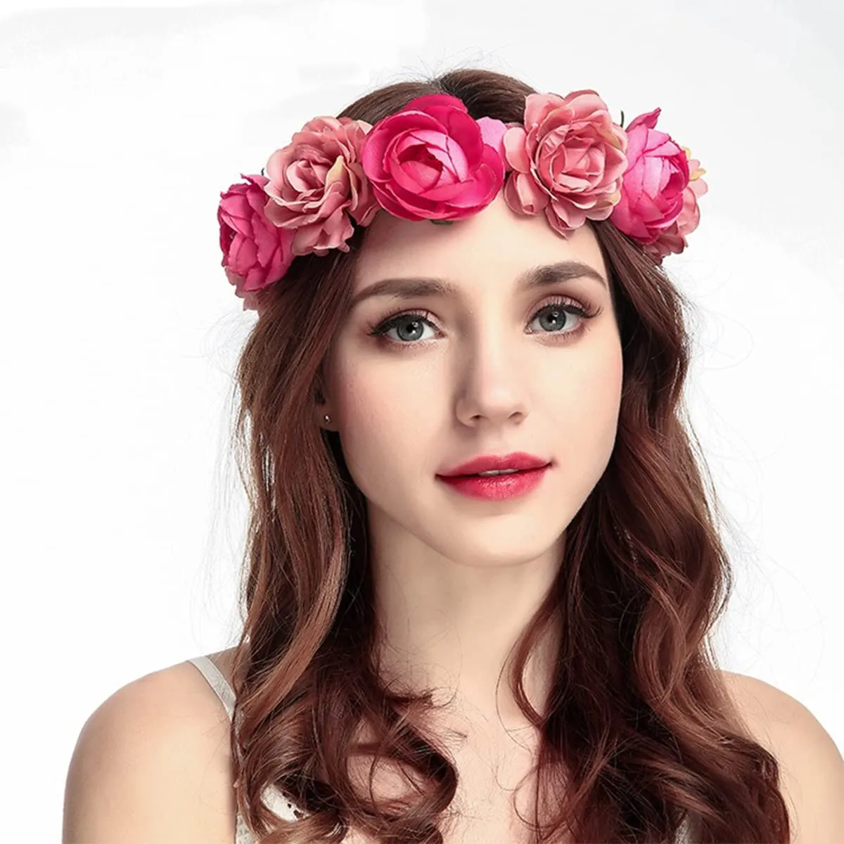 Flower Crown Rose Peony Garland Headband Hair Wreath Floral Headpiece with Adjustable Ribbon Wedding Festival Party (pink)
