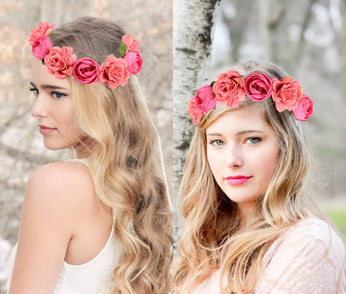 Flower Crown Rose Peony Garland Headband Hair Wreath Floral Headpiece with Adjustable Ribbon Wedding Festival Party (pink)