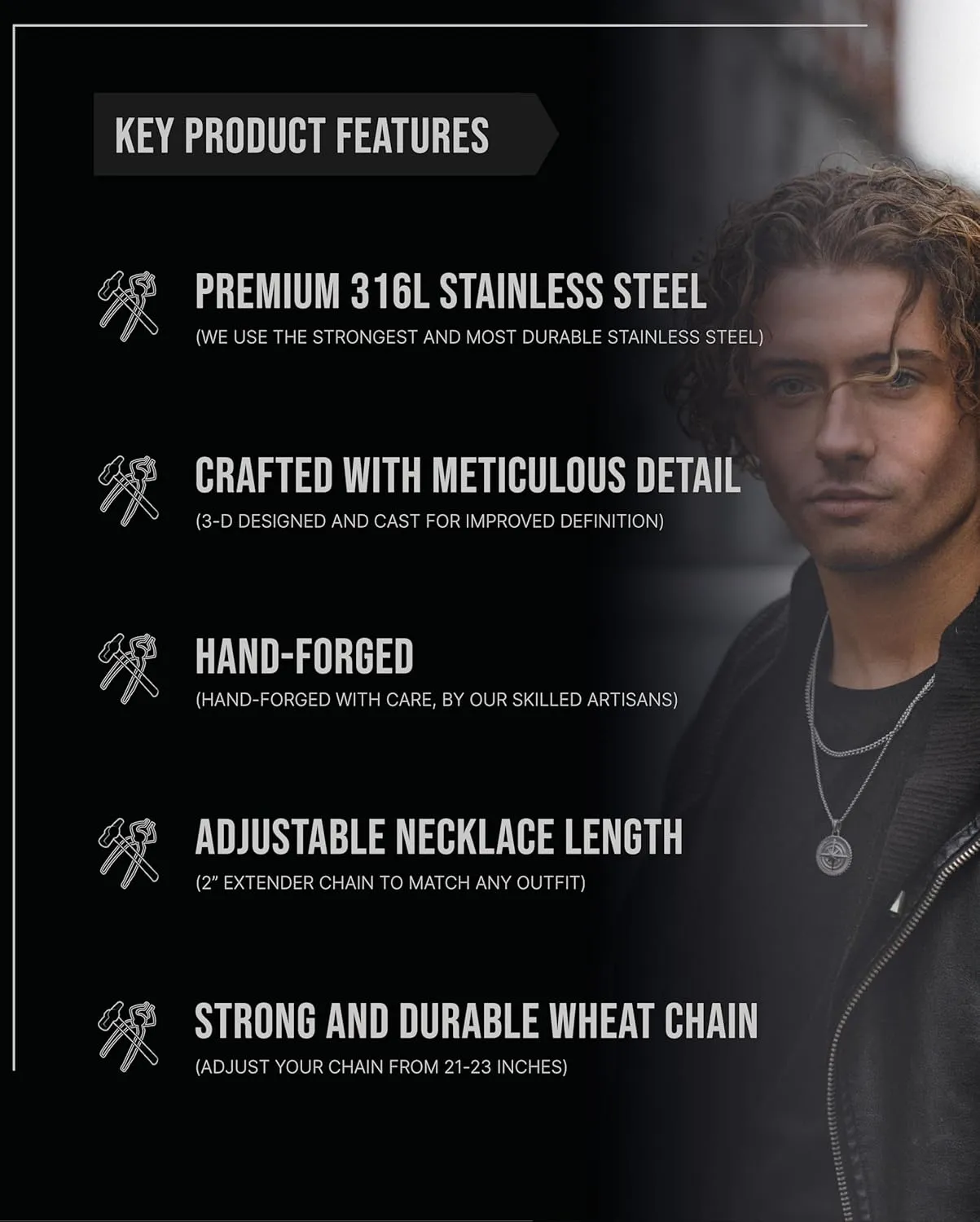 Forge & Foundry Men's Compass Pendant with Adjustable 21" Necklace Chain | Design-led, artisan jewelry from London