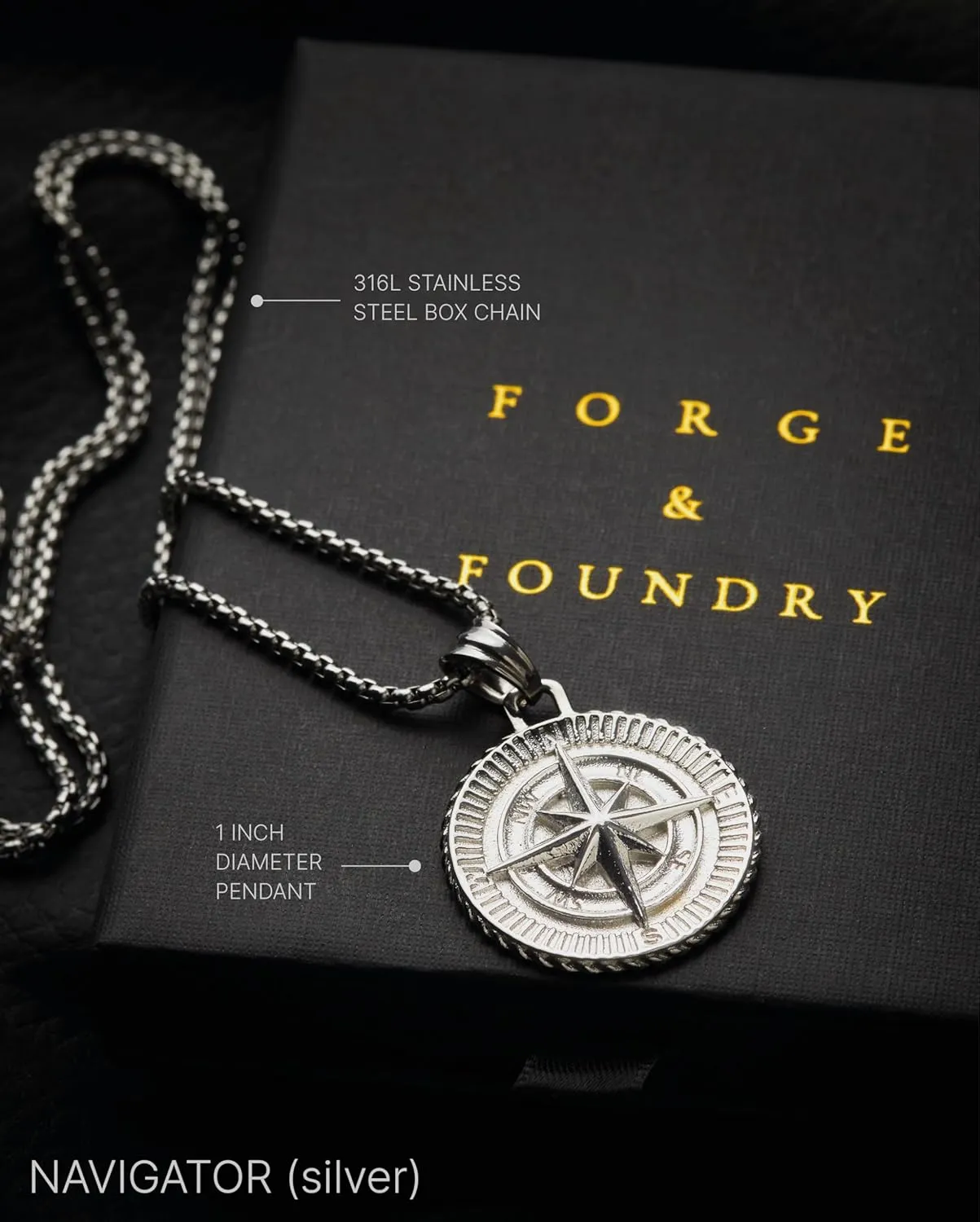 Forge & Foundry Men's Compass Pendant with Adjustable 21" Necklace Chain | Design-led, artisan jewelry from London