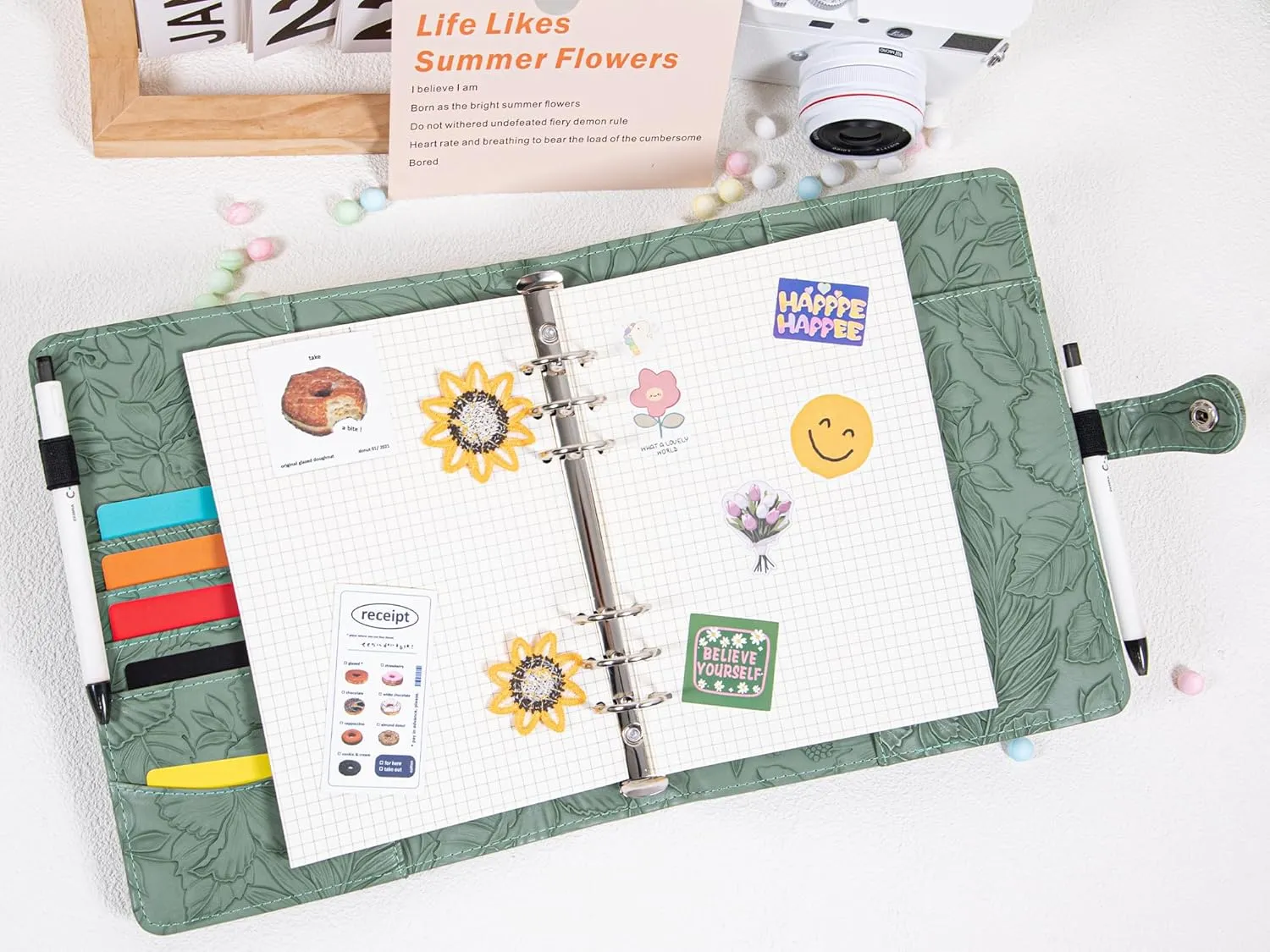 Free Engraved Name,A5 Notebook PU Leather Binder,6 Ring Refillable Journal,Press Button,Embossed Leather Binder for Women(Watergrass Green) Custom