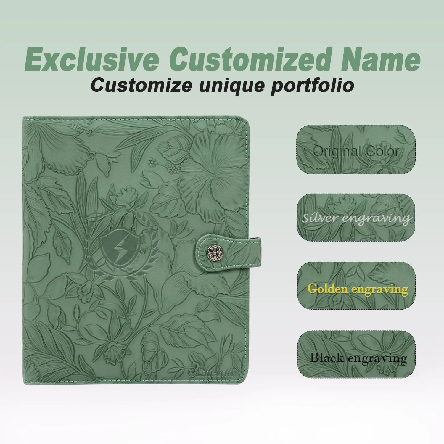 Free Engraved Name,A5 Notebook PU Leather Binder,6 Ring Refillable Journal,Press Button,Embossed Leather Binder for Women(Watergrass Green) Custom