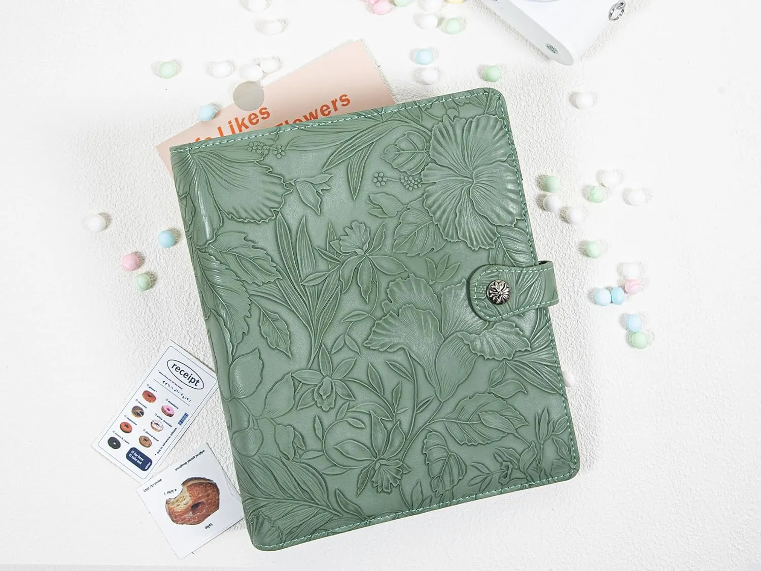 Free Engraved Name,A5 Notebook PU Leather Binder,6 Ring Refillable Journal,Press Button,Embossed Leather Binder for Women(Watergrass Green) Custom