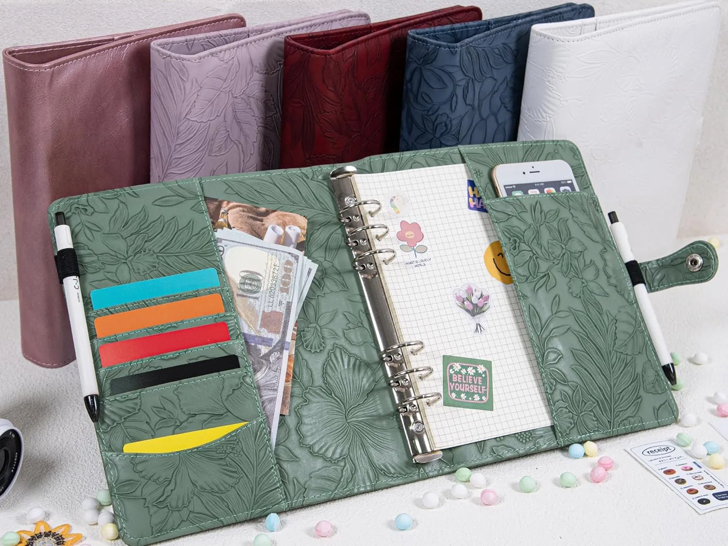 Free Engraved Name,A5 Notebook PU Leather Binder,6 Ring Refillable Journal,Press Button,Embossed Leather Binder for Women(Watergrass Green) Custom