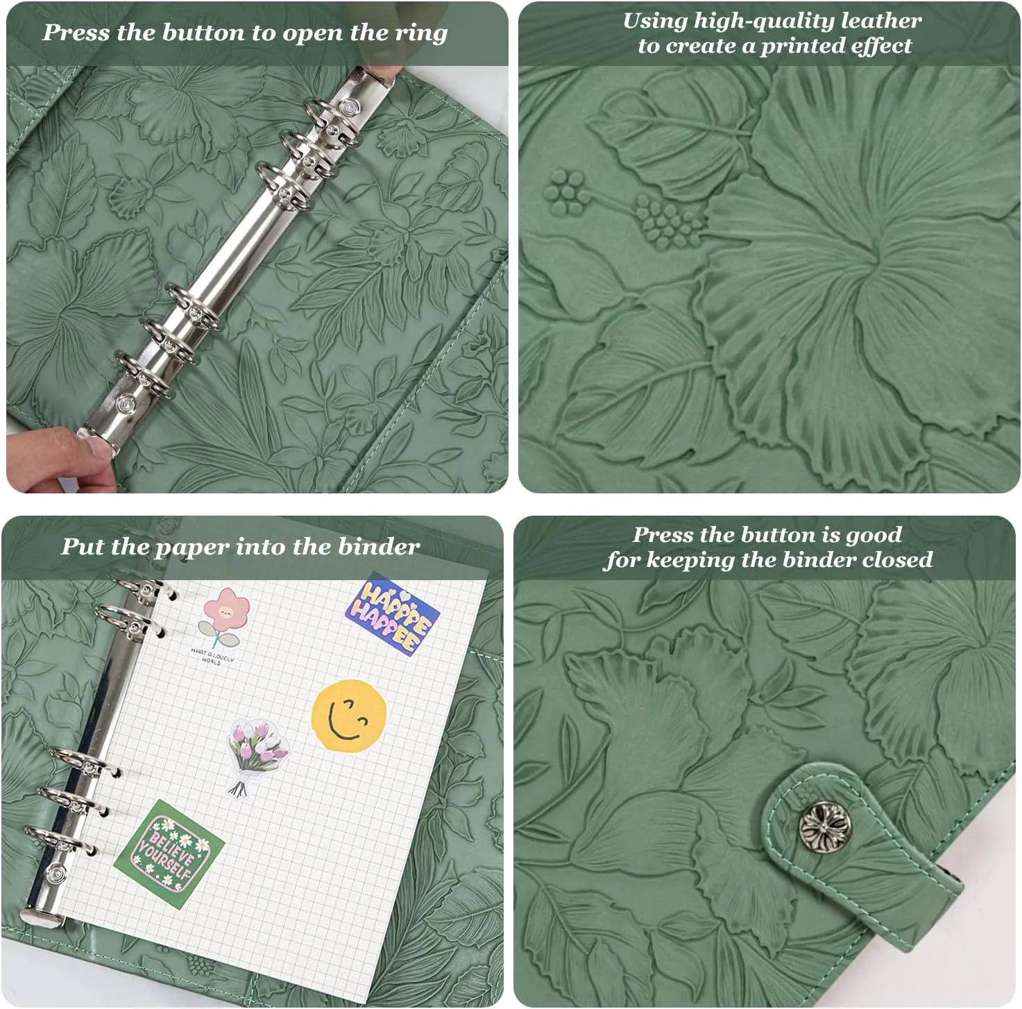 Free Engraved Name,A5 Notebook PU Leather Binder,6 Ring Refillable Journal,Press Button,Embossed Leather Binder for Women(Watergrass Green) Custom
