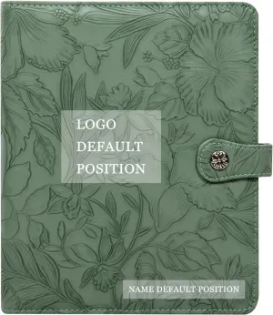 Free Engraved Name,A5 Notebook PU Leather Binder,6 Ring Refillable Journal,Press Button,Embossed Leather Binder for Women(Watergrass Green) Custom