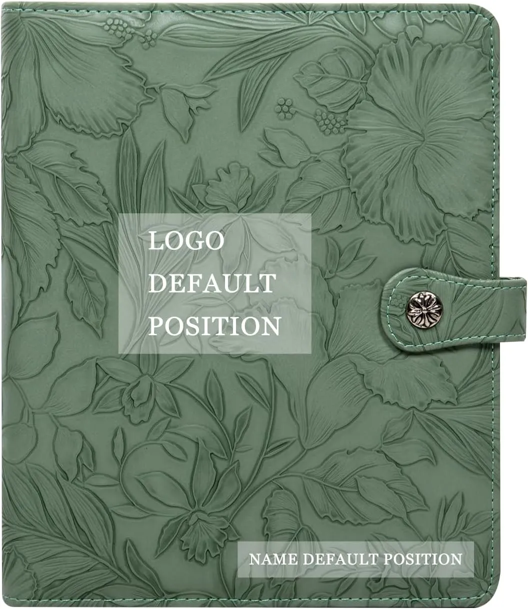 Free Engraved Name,A5 Notebook PU Leather Binder,6 Ring Refillable Journal,Press Button,Embossed Leather Binder for Women(Watergrass Green) Custom