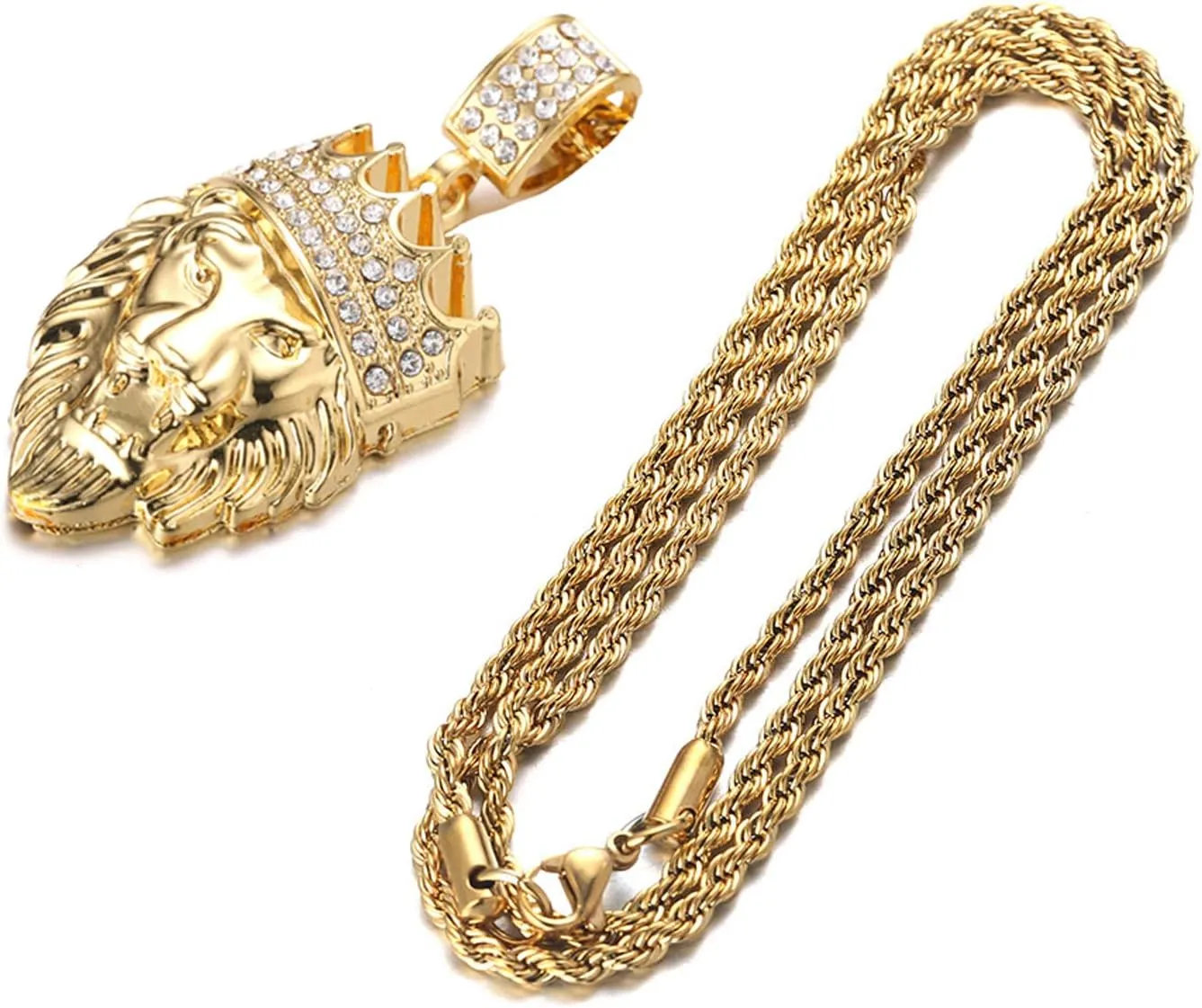 Halukakah 18k Real Gold Plated/Platinum White Gold Finish Chain for Men Necklace Iced Out Crown Lion Pendant Lab Diamonds Prong Set with Sharktail/Tennis/Cuban Chain,with Giftbox