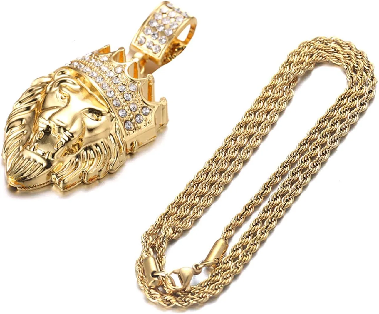 Halukakah 18k Real Gold Plated/Platinum White Gold Finish Chain for Men Necklace Iced Out Crown Lion Pendant Lab Diamonds Prong Set with Sharktail/Tennis/Cuban Chain,with Giftbox
