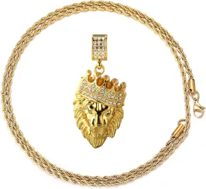 Halukakah 18k Real Gold Plated/Platinum White Gold Finish Chain for Men Necklace Iced Out Crown Lion Pendant Lab Diamonds Prong Set with Sharktail/Tennis/Cuban Chain,with Giftbox