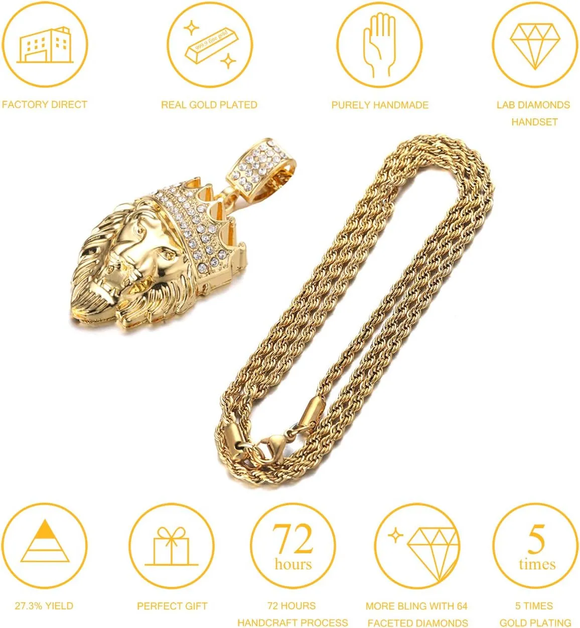 Halukakah 18k Real Gold Plated/Platinum White Gold Finish Chain for Men Necklace Iced Out Crown Lion Pendant Lab Diamonds Prong Set with Sharktail/Tennis/Cuban Chain,with Giftbox