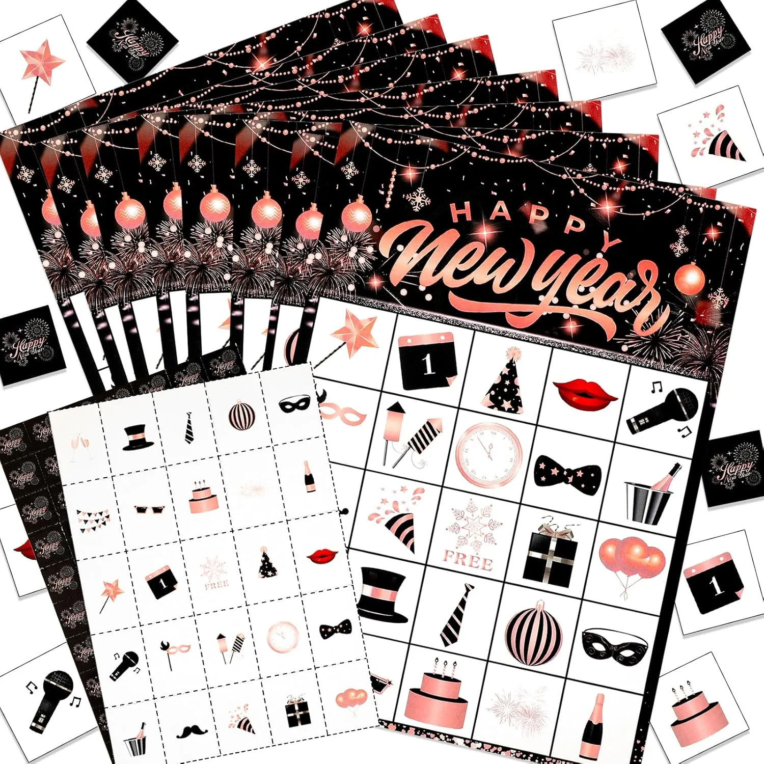 HOWAF Happy New Year Party Supplies Bingo Paper Game Cards, New Year Rose Gold Bingo Cards for New Year Party Game, Shiny Rose Gold Firework New Years Eve Party Activities
