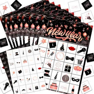 HOWAF Happy New Year Party Supplies Bingo Paper Game Cards, New Year Rose Gold Bingo Cards for New Year Party Game, Shiny Rose Gold Firework New Years Eve Party Activities