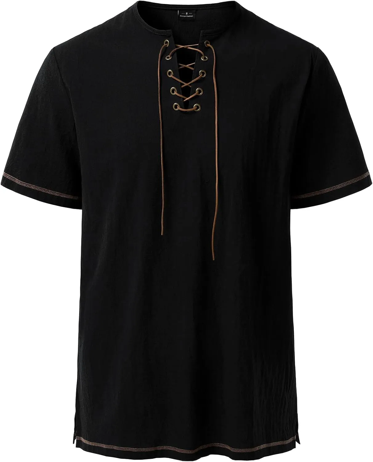 Men's Pure Cotton Retro Short Sleeves Lace Up Shirts for Casual Renaissance Pirate Medieval Viking Without Belt